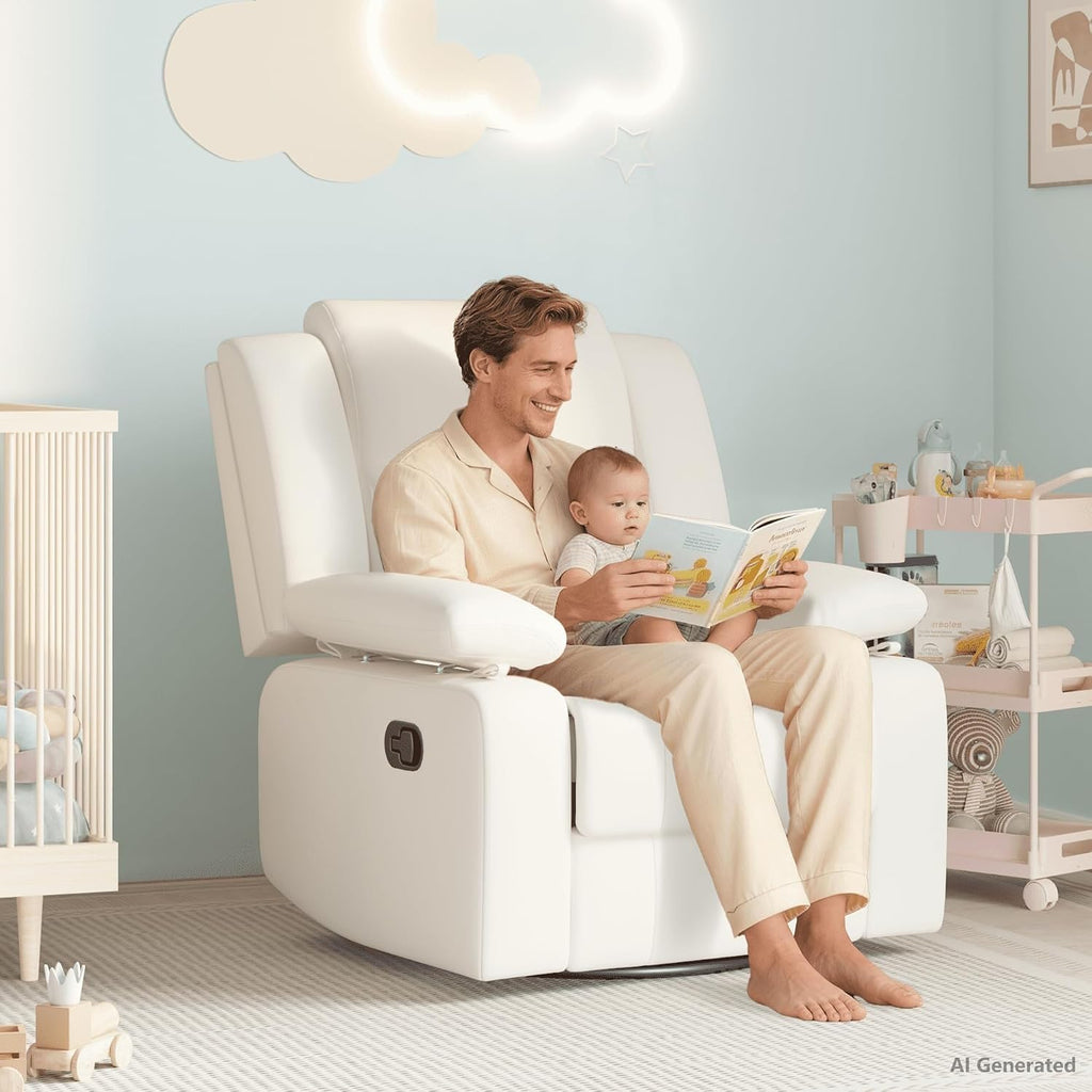 AILEEKISS Nursery Glider Recliner Chair with Adjustable Armrests, Swivel Rocking Recliner for Breastfeeding Moms, 360° Swivel, 30° Rocking, 90°-160° Recline, Easy-Clean Nursery Chair(White)