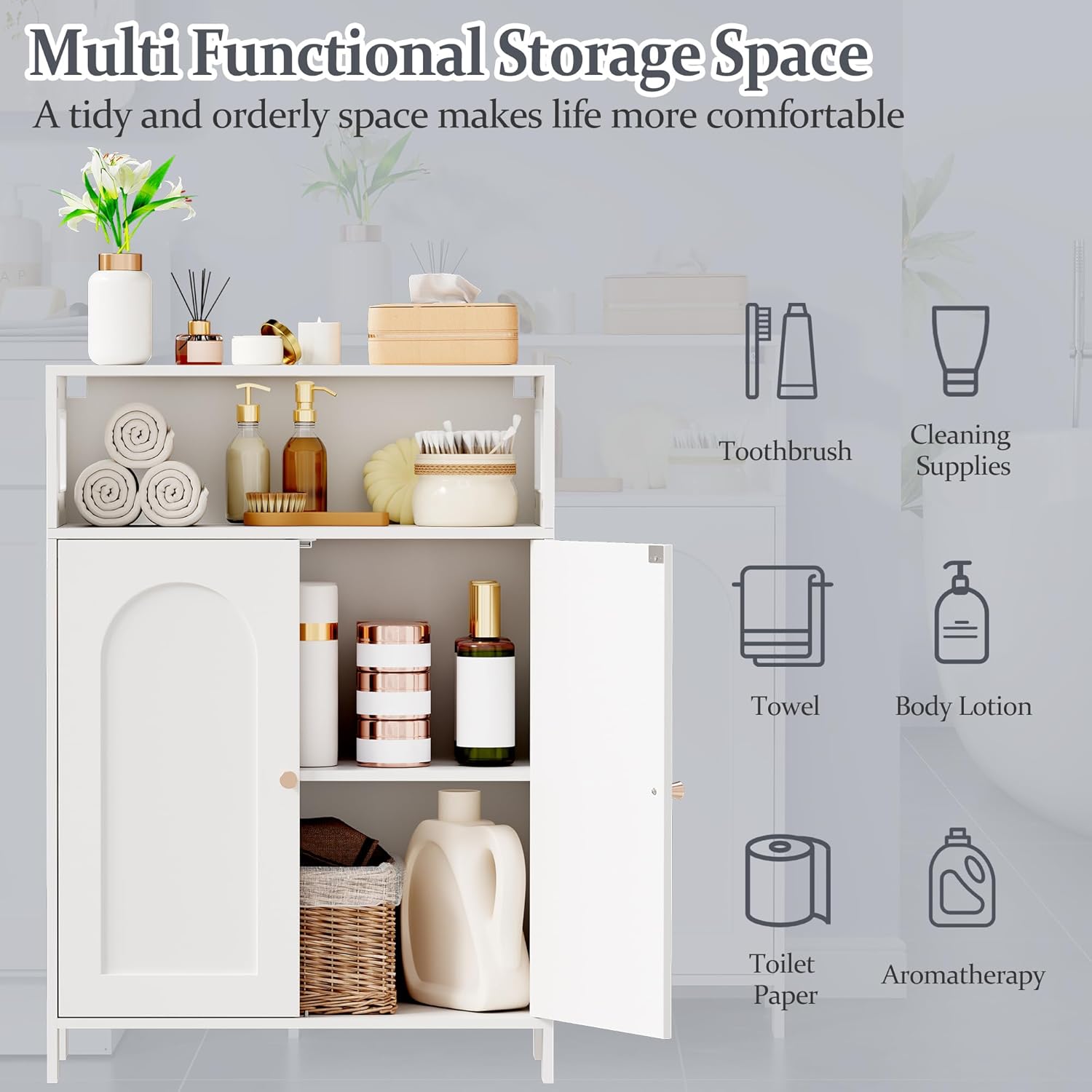 BEWISHOME Bathroom Storage Cabinet, Bathroom Floor Storage Cabinet, Freestanding Bathroom Cabinet with Double Doors and Adjustable Shelves, White 11.8" D x 23.6" W x 33.5" H YYG12W