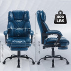 Big Tall Reclining Office Chair with Footrest, 400lbs Ergonomic Recliner Office Desk Chairs with Lumbar Support, Heavy Duty High Back Vintage Leather Executive Computer Chair with Wheels, Blue