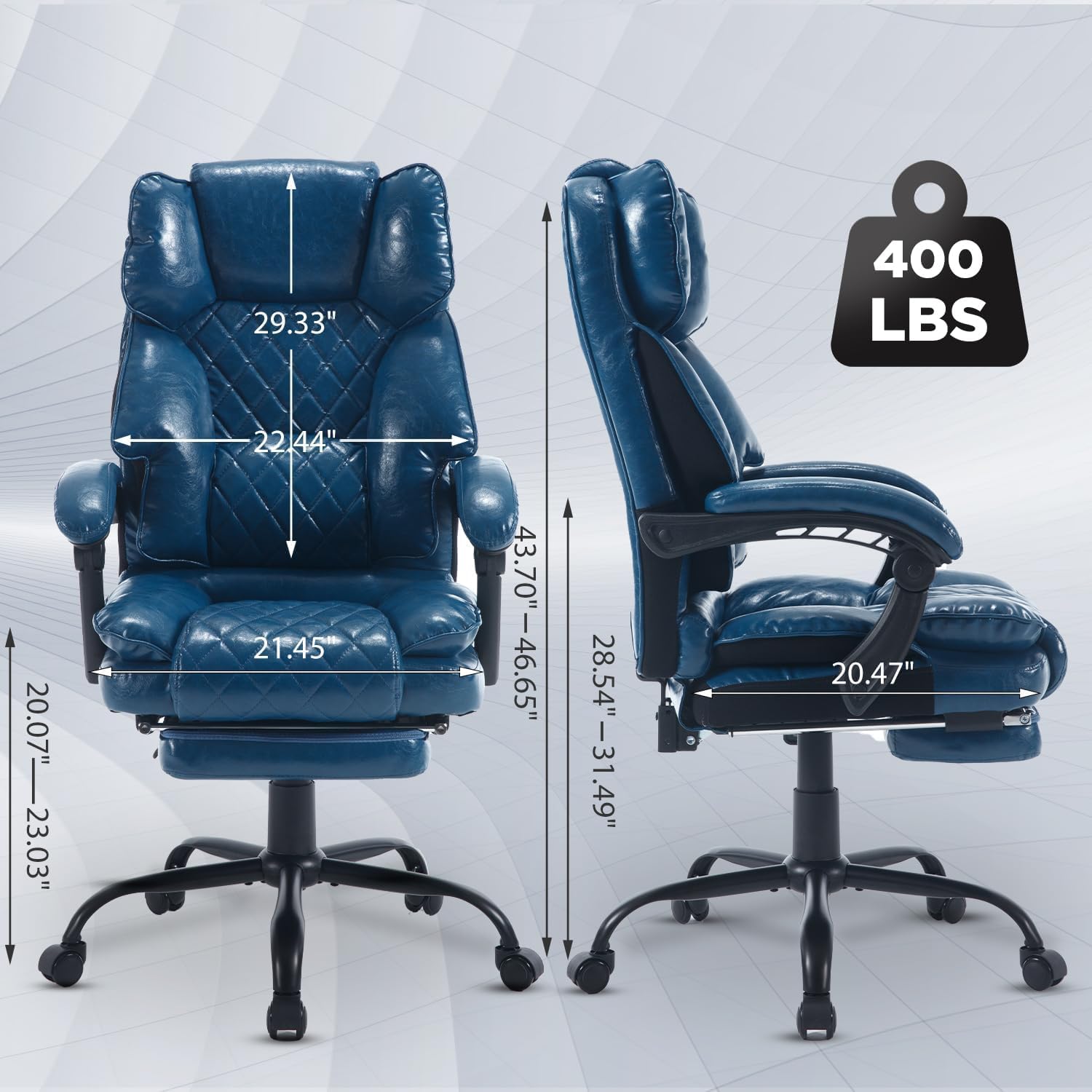 Big Tall Reclining Office Chair with Footrest, 400lbs Ergonomic Recliner Office Desk Chairs with Lumbar Support, Heavy Duty High Back Vintage Leather Executive Computer Chair with Wheels, Blue