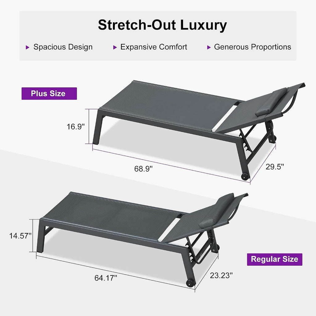 PURPLE LEAF Outdoor Oversized Lounge Chair Set of 3 Pool Lounger Patio Chaise Aluminum Frame with Side Table and Wheels for Outside Sunbathing Tanning Recliner Including Pillows Gray