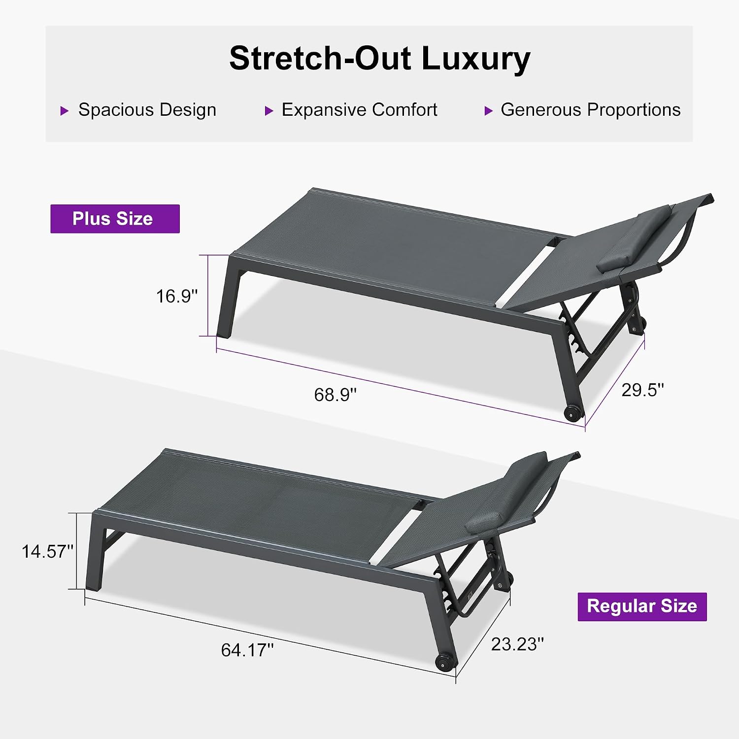 PURPLE LEAF Outdoor Oversized Lounge Chair Set of 3 Pool Lounger Patio Chaise Aluminum Frame with Side Table and Wheels for Outside Sunbathing Tanning Recliner Including Pillows Gray