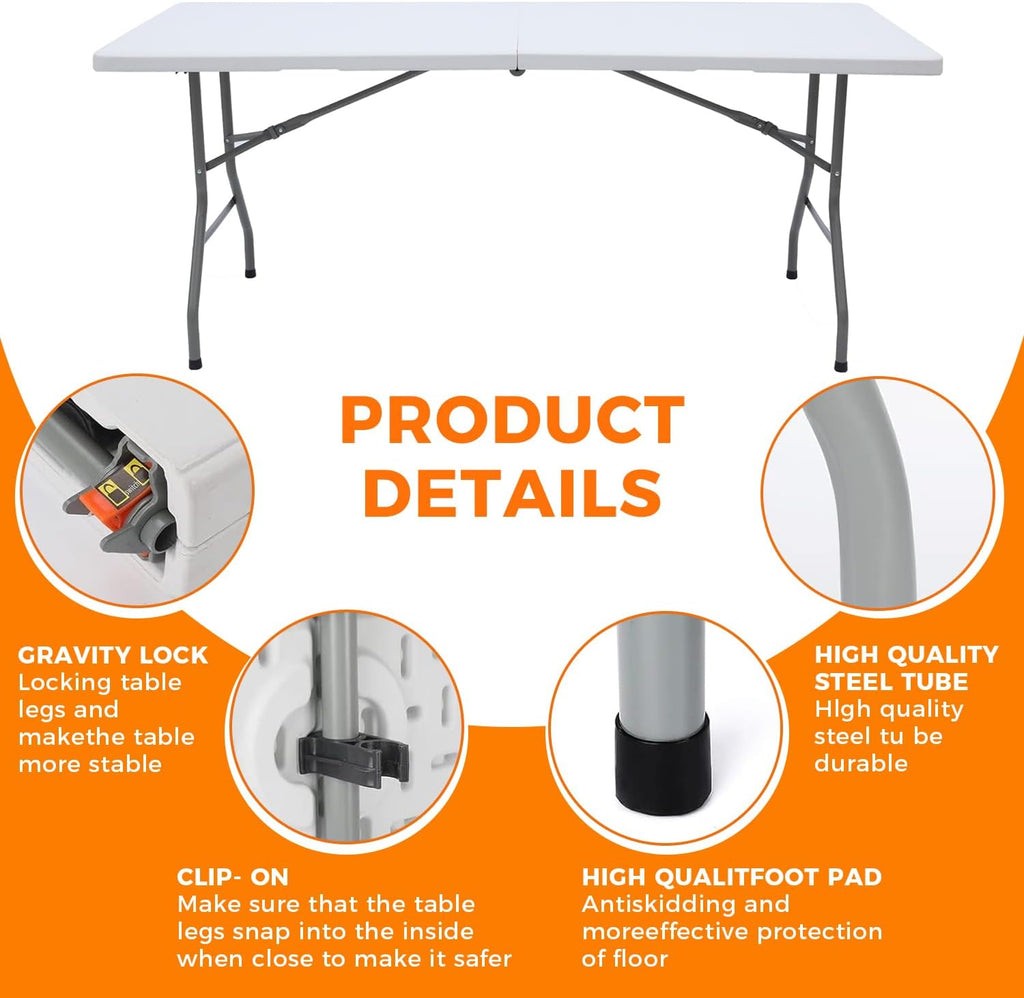 Lakhow 6 FT Folding Table,Outdoor Indoor Plastic Table Portable Square Height Dining Table Perfect for Picnics, Parties, Party and Camping, White