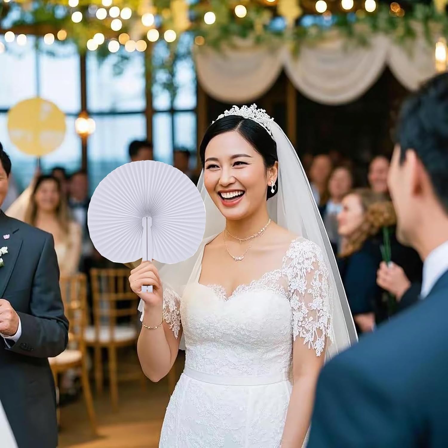 60 Pcs White Paper Fans,Foldable Handheld Fans for Women,Round Wedding Decorative Folding Hand Fan for Bridal Guest Church Party Favors Dancing Birthday DIY