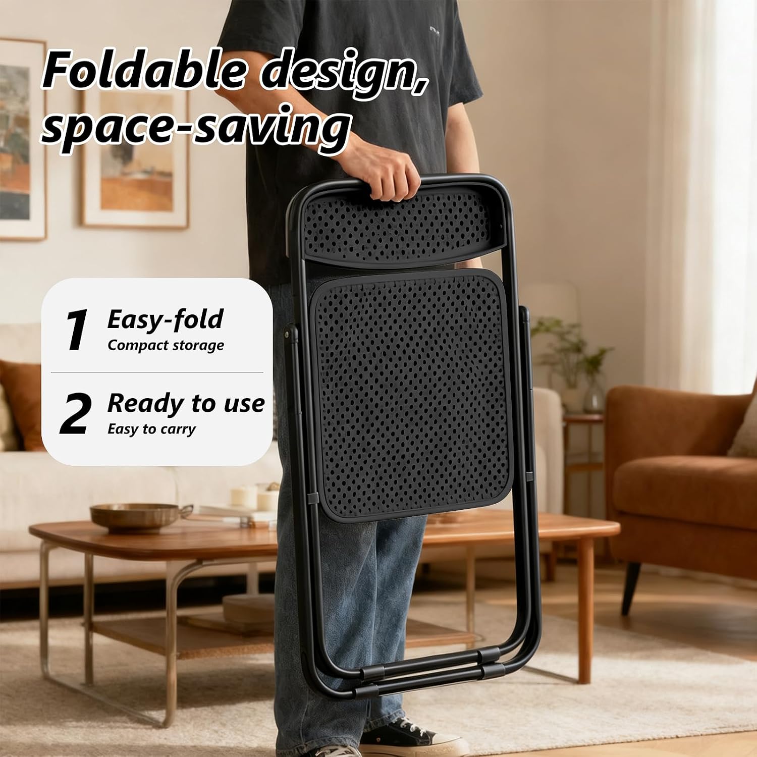 Folding Chair, 2 Pack Plastic Chair, Black | Breathable folding chair with steel frame, 300lbs capacity. Portable & stackable for indoor, outdoor, events & parties.
