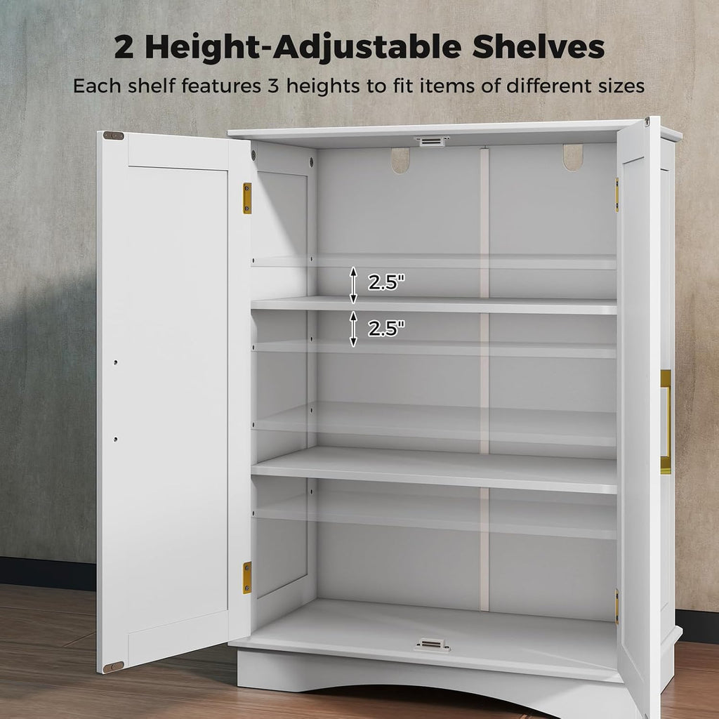 Tangkula Bathroom Floor Storage Cabinet, 31.5" H Freestanding Pantry Cabinet with 2 Doors and Adjustable Shelves, Kitchen Cupboard for Living Room, Dining Room, Bathroom (White, 31.5" H)
