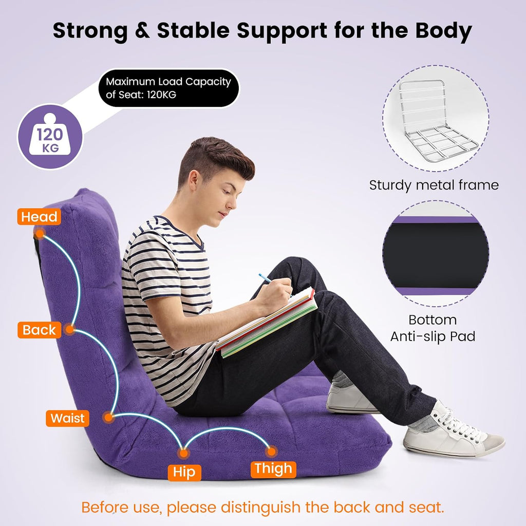 MAT EXPERT Floor Chair with Back Support, Floor Gaming Chair w/ 14 Adjustable Position, Soft Coral Fleece&Alloy Steel Frame, Foldable Padded Lazy Couch Recliner for Meditating (Violet, Large)