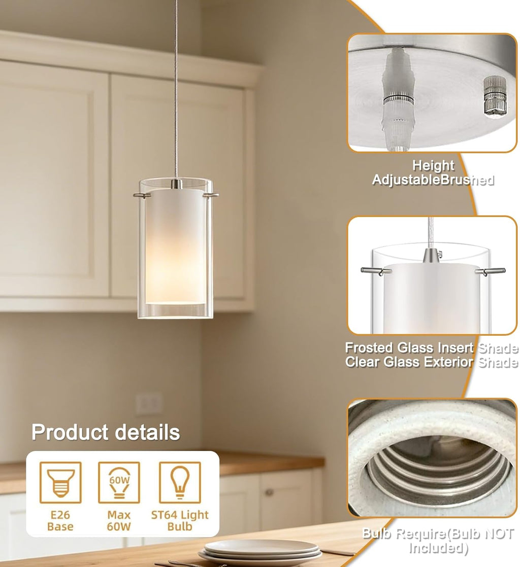 AKEZON Modern Glass Pendant Light 2 Pack, Adjustable Hanging Kitchen Island Lights Pendant Lighting Fixture Dining Room Bathroom Hallway Bar, Brushed Nickel Finish