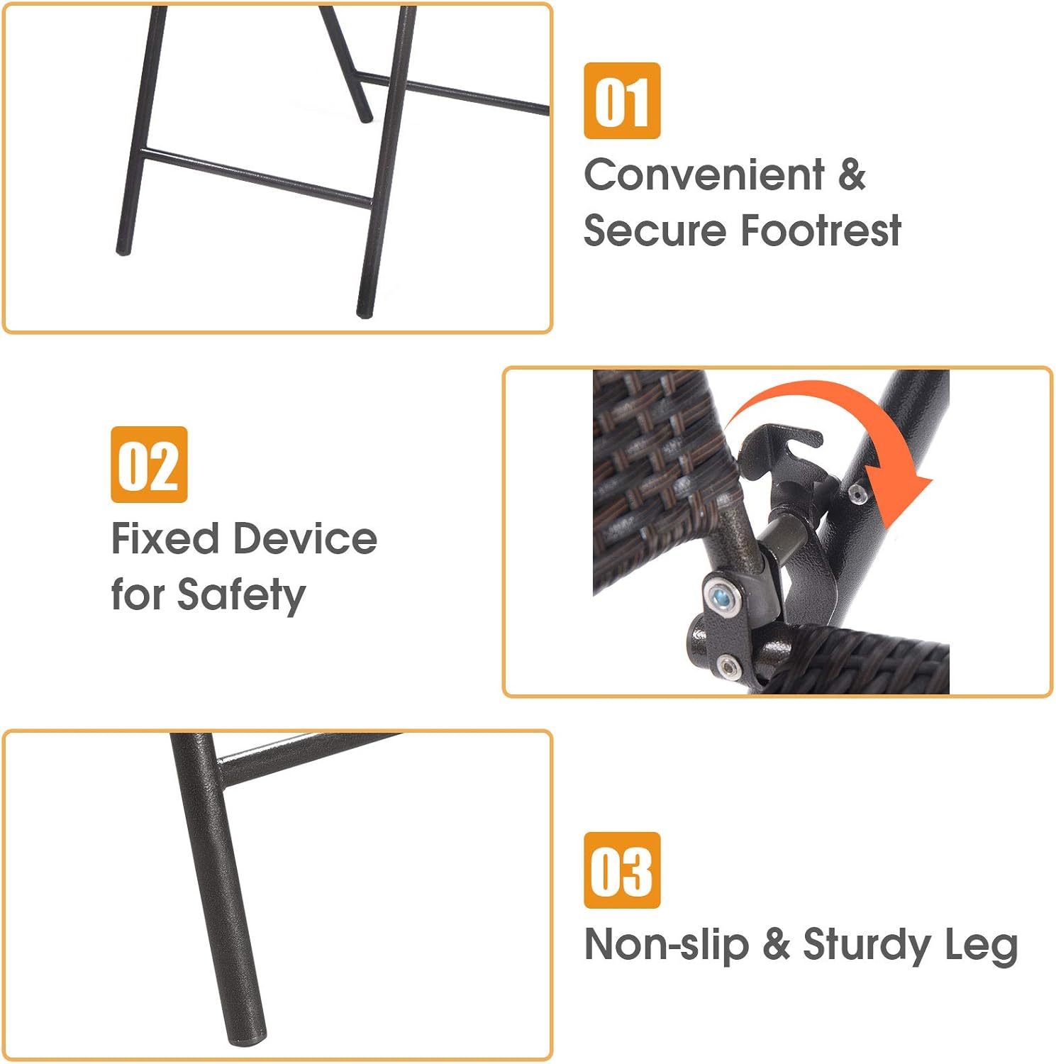 Casart Folding Wicker Rattan Bar Chairs Set of 4, Tall Stool with Back, Steel Frame, Armrests and Footrest, Bar Stools Garden Patio Furniture Set