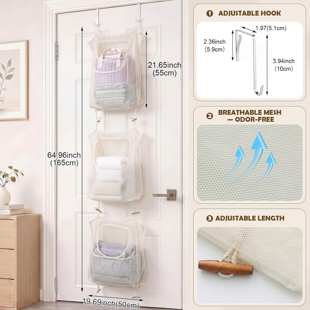 Tranqun 3 Pcs over the Door Hanging Laundry Hamper 65 x 19.7 Inches Mesh Laundry Hamper Bag Behind the Door Dirty Clothes Organizer with Hooks for Bathroom Camper Apartment College Dorm Room