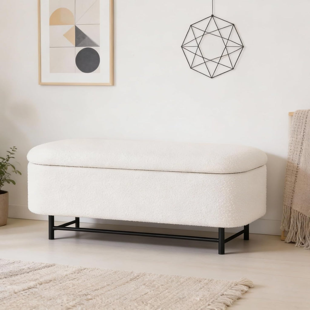 HomePop 46" Ellipse Storage Bench with Metal Legs - Cream Boucle