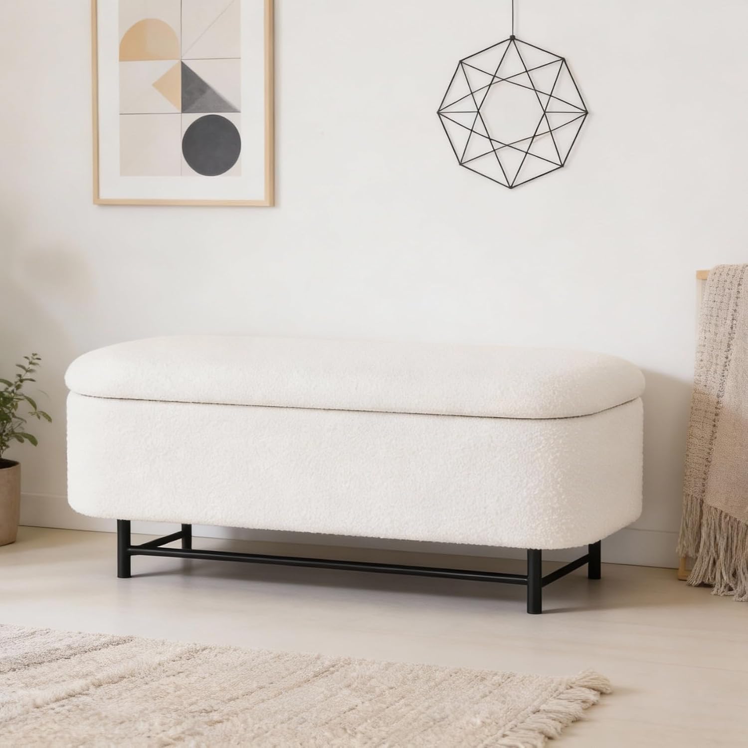 HomePop 46" Ellipse Storage Bench with Metal Legs - Cream Boucle