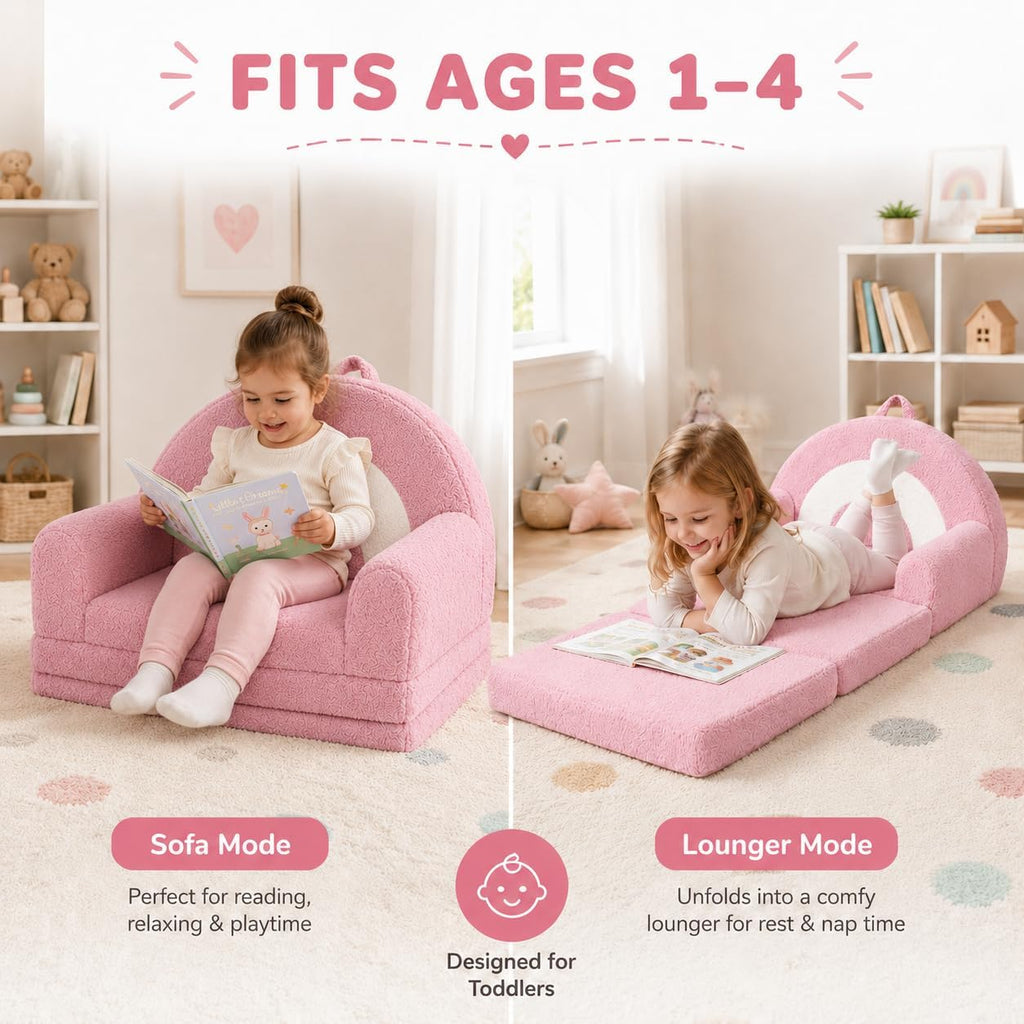 Rainbow Kids Couch, 2-in-1 Fold Out Toddler Couch Sofa, Soft Fleece Kids Chair, Convertible Sofa to Lounger for Girls Boys Bedroom, Playroom, Reading Nook, Pink