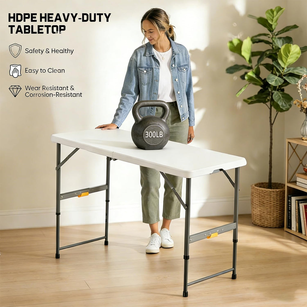 4FT Folding Table with One Press Adjustable Height,Fold in Half Portable Card Table with Carry Handle&Locking Steel Legs,Heavy Duty Plastic Utility Table for Party,Picnic,Camping Indoor Outdoor,White
