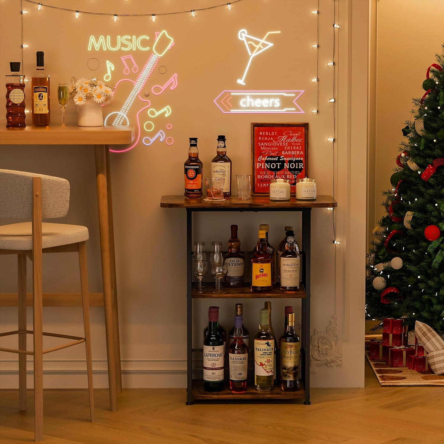 Eyteenokk Freestanding Wine Rack,3-Tier Small Mini Bar Table Liquor Cabinet with T-Shaped Countertop,Rustic Wood Metal Floor Wine Bottle Storage Stand for Home Bar Corner-23.62 x 9.44 x 27.67inches