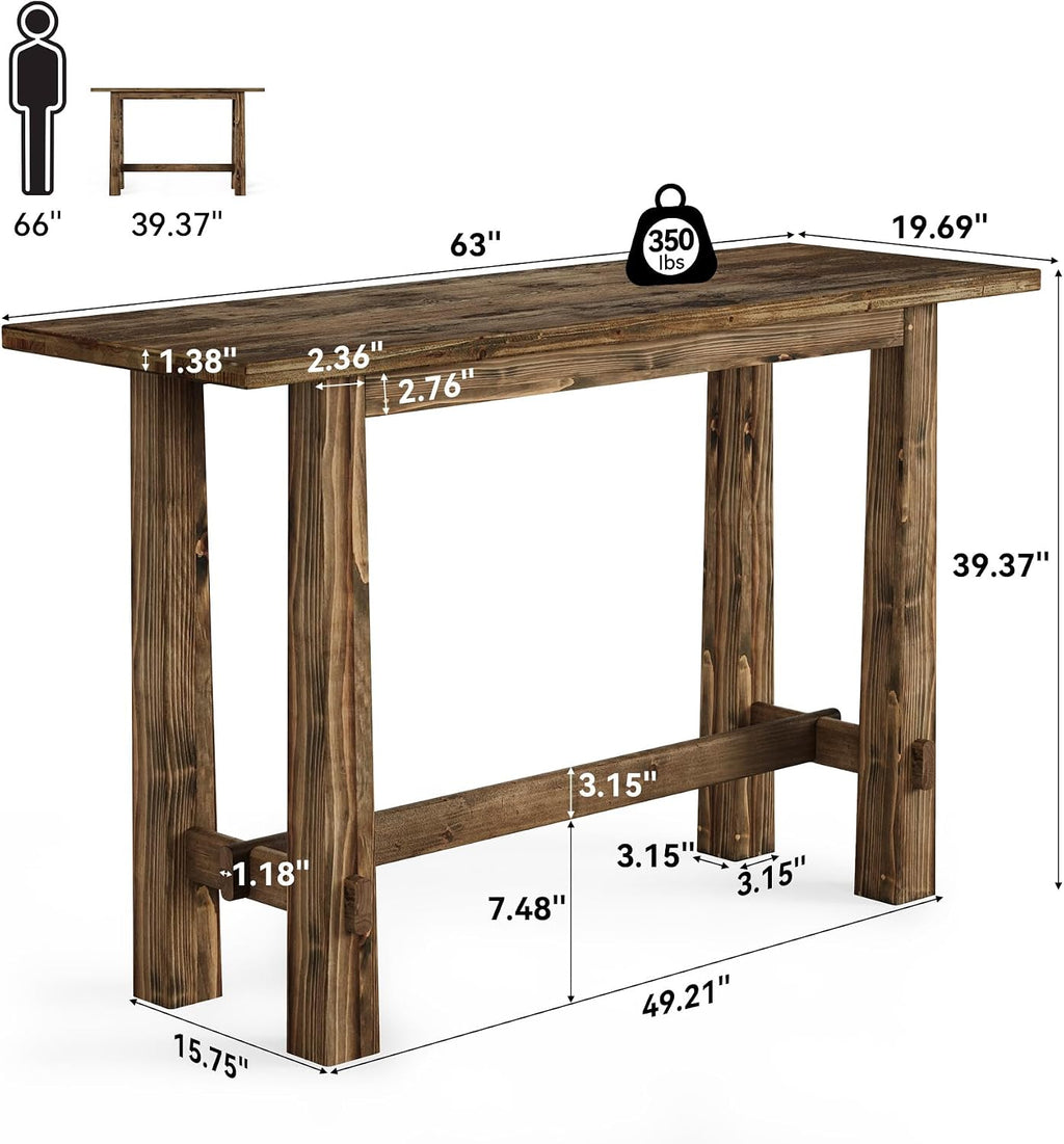 Solid Wood Bar Table, 63" Long Bar Height Pub Table, Narrow Home Bar Unit, Tall Wooden High Top Table for Kitchen, Home Bar, Café or Restaurant, Rustic Brown