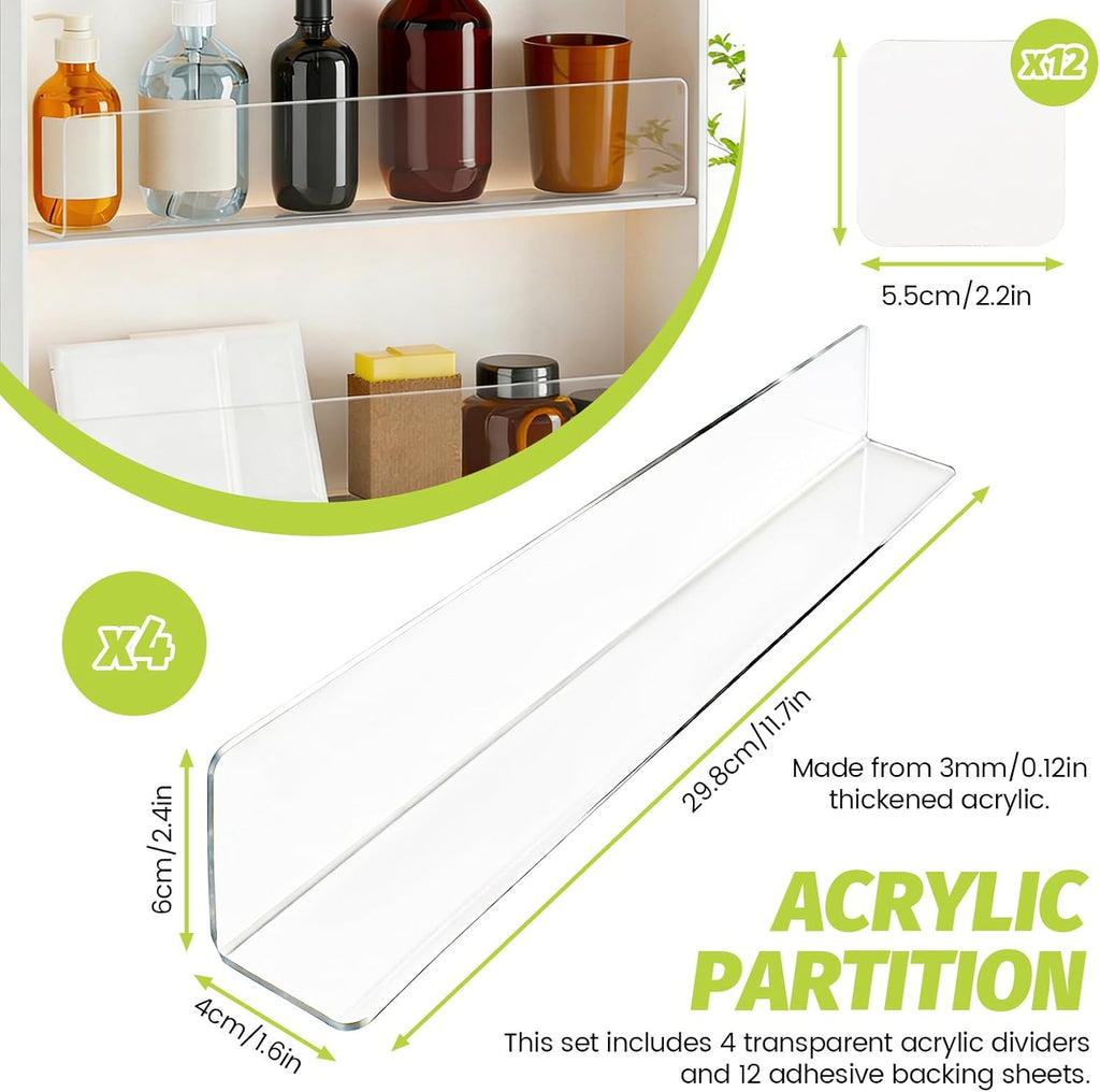 4 Pack Thickened Acrylic Shelf Dividers with Adhesive Tapes, L11.8 x W1.6 x H2.4in Clear L-Shape Shelf Separators Organizer for Closet Organization Cabinet Drawer Bookcase Retail