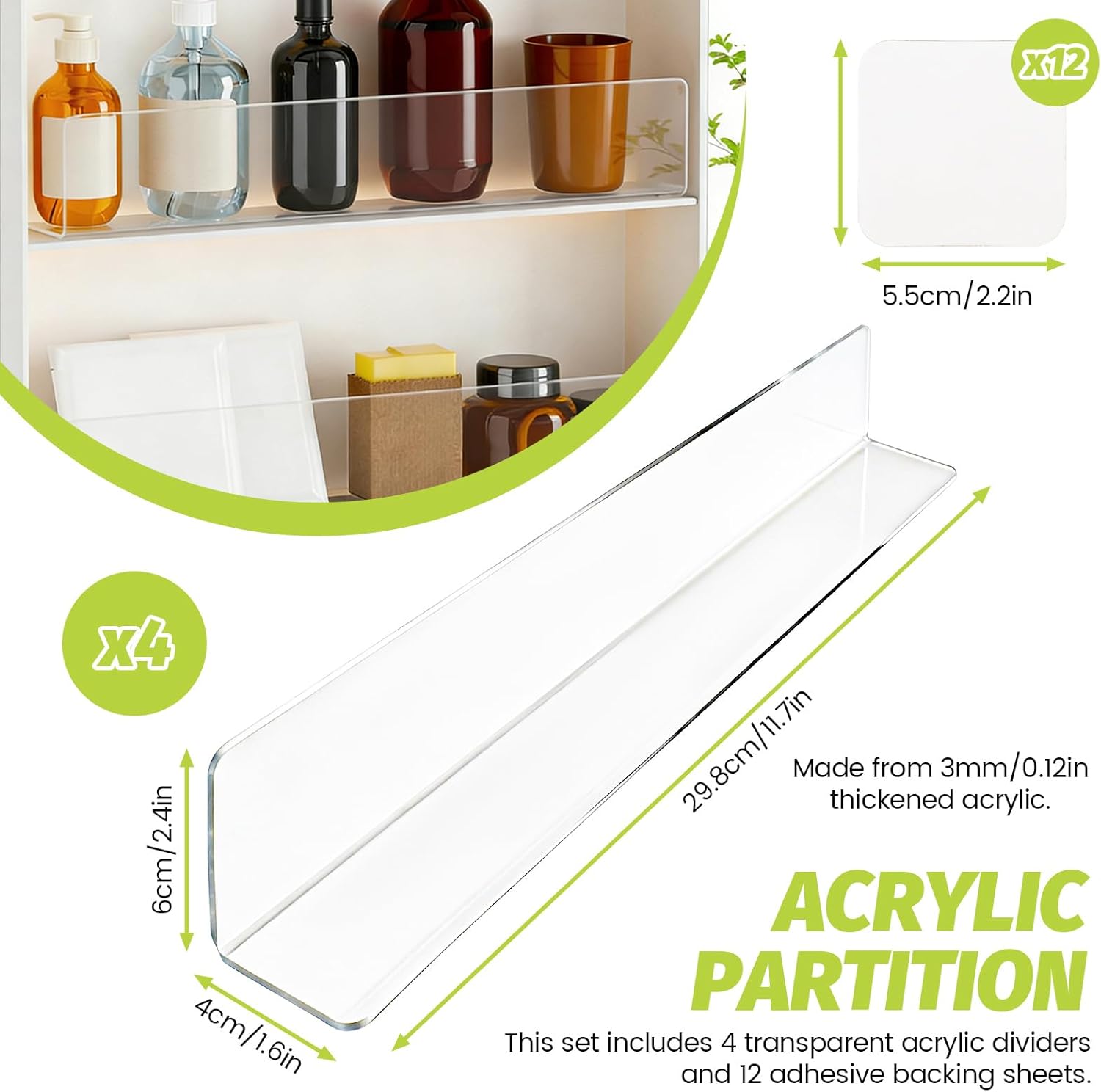 4 Pack Thickened Acrylic Shelf Dividers with Adhesive Tapes, L11.8 x W1.6 x H2.4in Clear L-Shape Shelf Separators Organizer for Closet Organization Cabinet Drawer Bookcase Retail