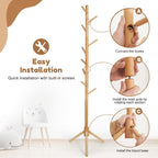 Cozivolife Kid's Coat Rack Stand Beech Wood Clothes Tree, Height Adjustable Freestanding Child Jacket Holder with 9 Hooks, Hanging Hats and Handbags, Hallway, Entryway,Bedroom, Easy Assembly (Natural)