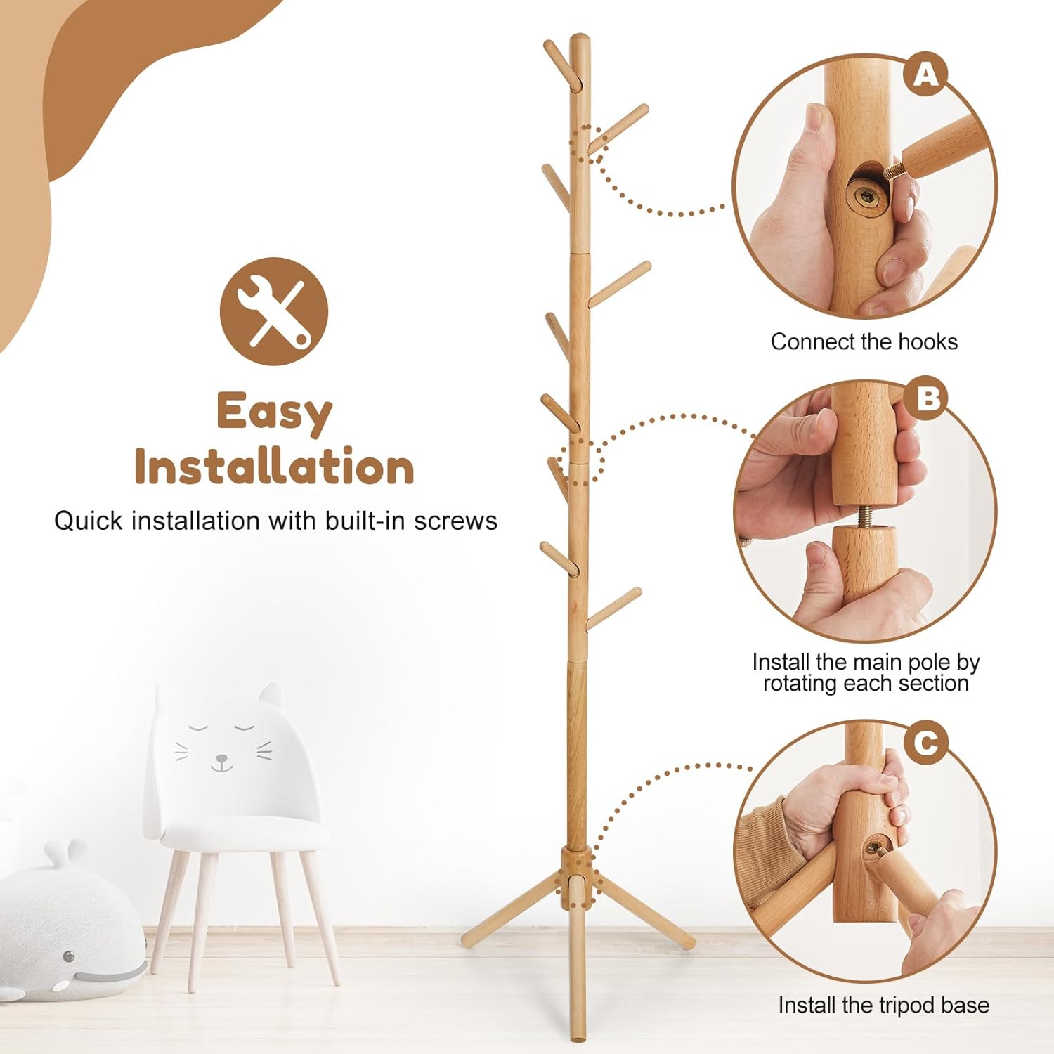 Cozivolife Kid's Coat Rack Stand Beech Wood Clothes Tree, Height Adjustable Freestanding Child Jacket Holder with 9 Hooks, Hanging Hats and Handbags, Hallway, Entryway,Bedroom, Easy Assembly (Natural)
