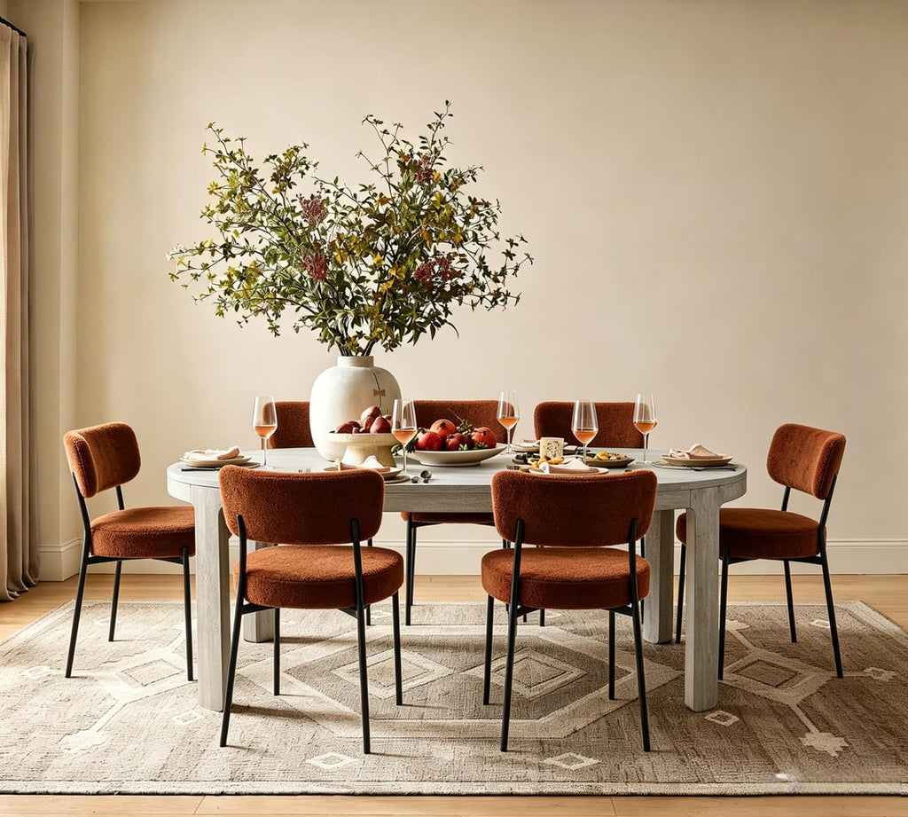 Boucle Dining Chairs Set of 2, Brown Mid Century Modern Kitchen Dining Room Chairs with Curved Backrest and Metal Frame, Round Upholstered Dining Chairs for Kitchen, Living Room