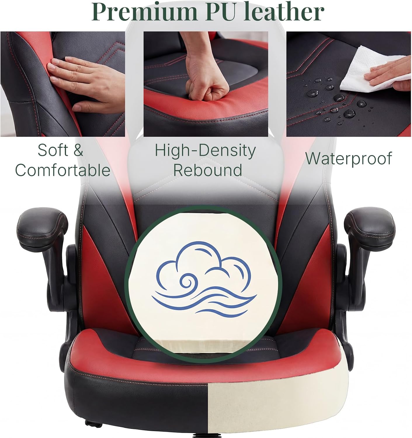 Ergonomic Computer Gaming Chair with Flip-up Armrest, Height Adjustable PU Leather Home Office Desk Chair with Lumbar Support Swivel Wheels and for Adults and Kids, Scarlet Red