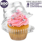 Stock Your Home Individual Plastic Cupcake Containers with Connected Airtight Dome Lid (800 Count), Clear Single Cupcake Container, BPA Free