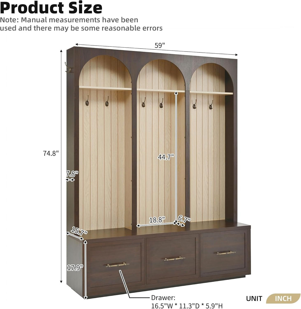 Merax Farmhouse Wood Hall Tree with Shoe Bench and 3 Drawers, 4-in-1 Coat Rack with 8 Hooks for Entrance, Hallway, Mudroom Dark Walnut