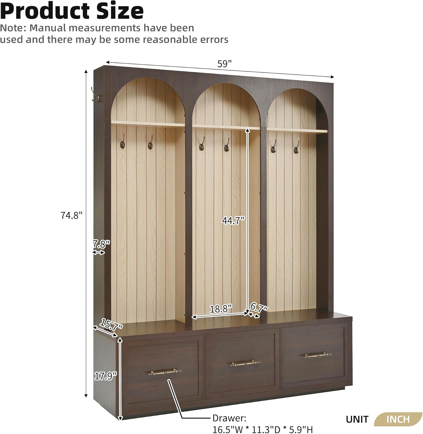 Merax Farmhouse Wood Hall Tree with Shoe Bench and 3 Drawers, 4-in-1 Coat Rack with 8 Hooks for Entrance, Hallway, Mudroom Dark Walnut