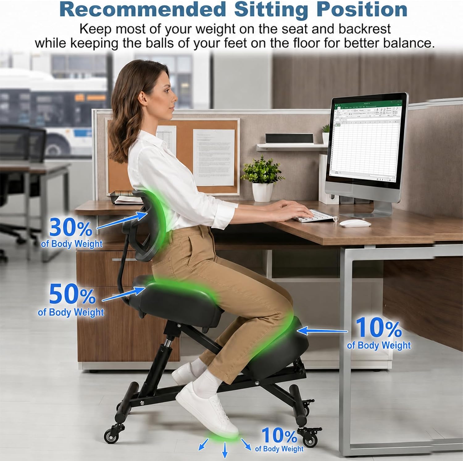 Ergonomic Kneeling Chair with Back Support, Height Adjustable Stool for Home and Office, PU Kneeling Chair for Desk to Relieve Back Discomfort, Thick Moulded Foam Cushions Brake Casters