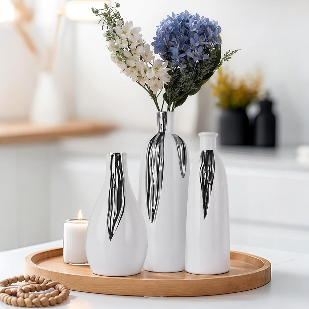 Ceramic Vase 3 Piece Set, White and Silver Vases for Home Decor, Decorative Vases for Mantels, Shelves and Entryway Decor, Dining Table Centerpieces, Living Rooms, Fireplaces and Kitchen Decor.