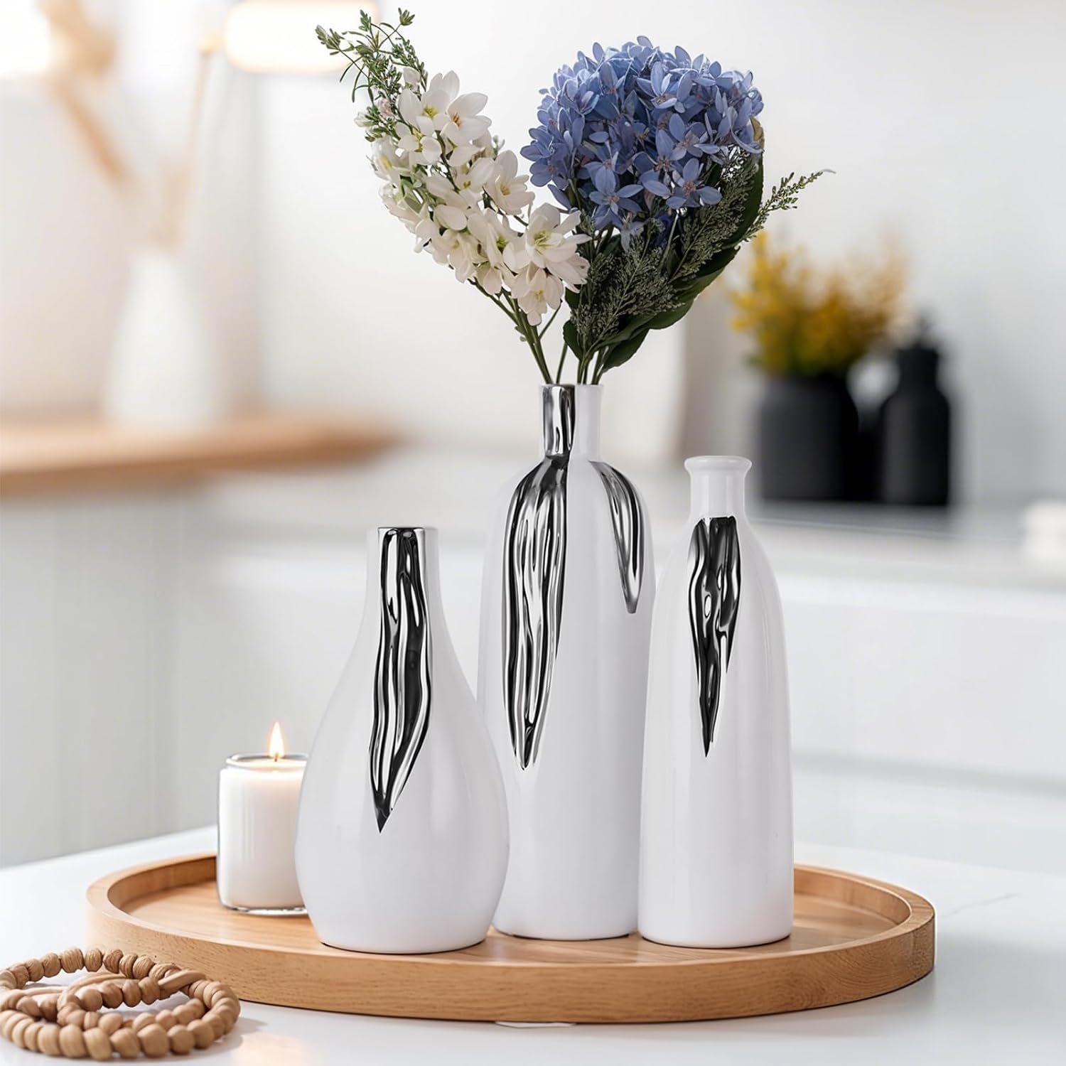 Ceramic Vase 3 Piece Set, White and Silver Vases for Home Decor, Decorative Vases for Mantels, Shelves and Entryway Decor, Dining Table Centerpieces, Living Rooms, Fireplaces and Kitchen Decor.
