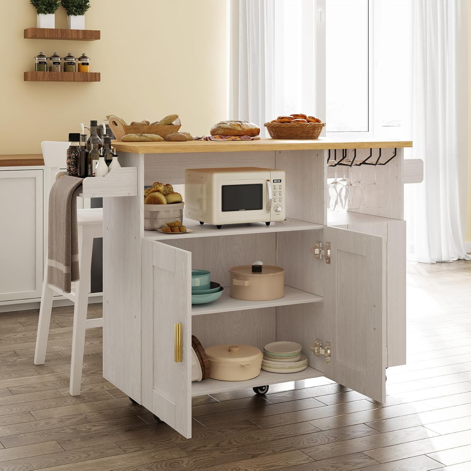 ASTRONAPE Kitchen Island Cart with Drop-Leaf Countertop, Rolling Storage Cabinet with Microwave Stand, Towel Rack & Power Outlet, Mobile Buffet Cart on Wheels for Small Kitchen