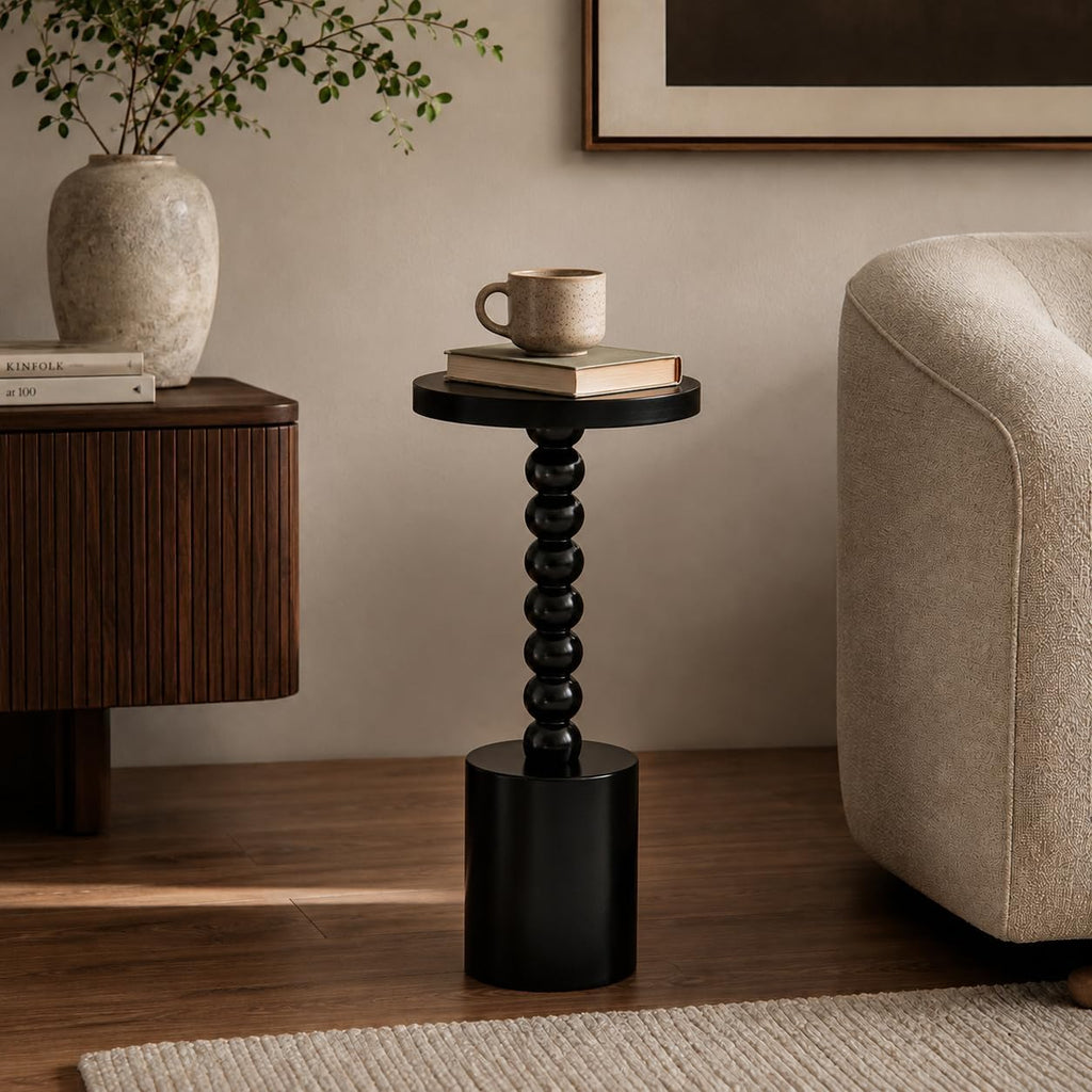COZAYH Black Wood End Table with Round Top and Decorative Beaded Pedestal, Modern Accent Side Table Drink Table for Living Room, Small Spaces