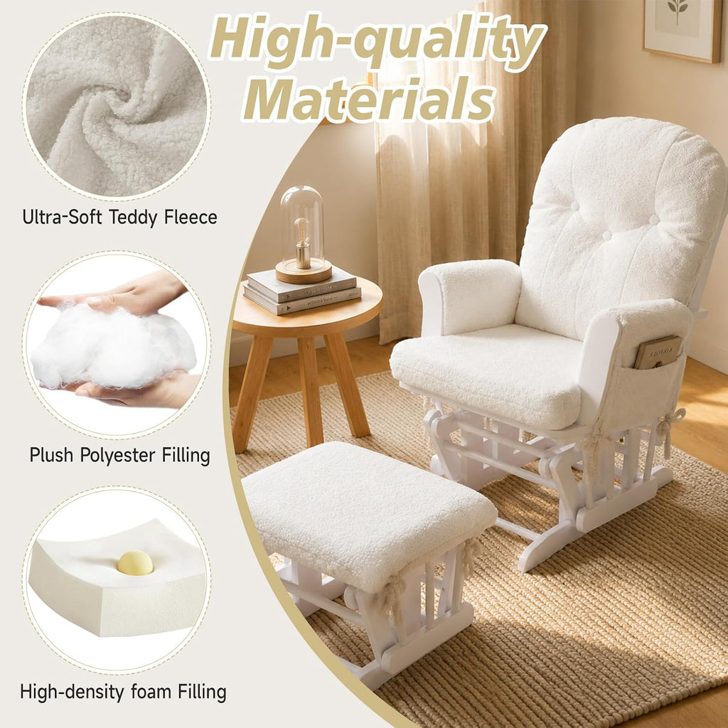 5PCS Glider Rocker Replacement Cushions with Ottoman Cover, Tufted High Back & Teddy Plush Rocking Chair Cushion Set, Thickened 3.5'' Glider Cushions with Side Pockets for Indoor Nursery, Cream