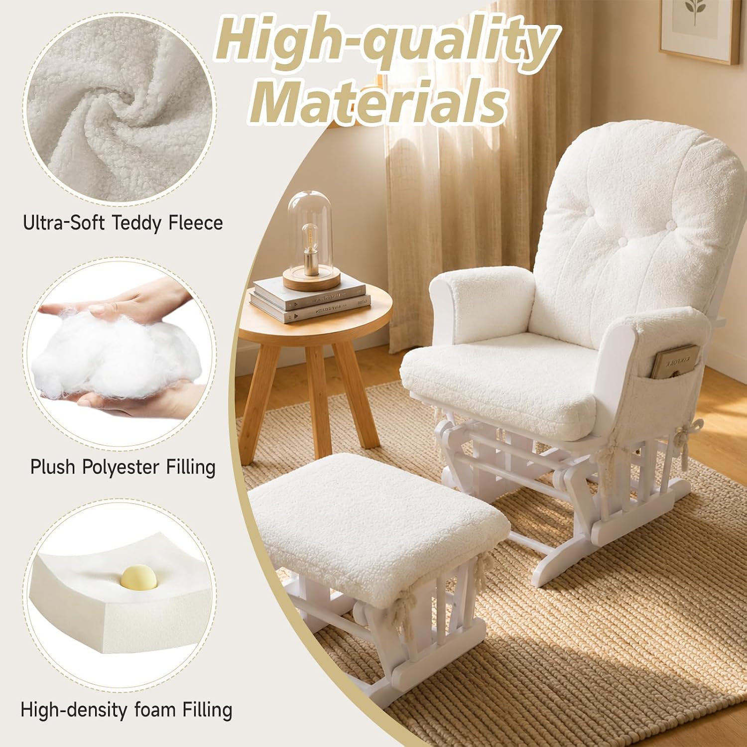 5PCS Glider Rocker Replacement Cushions with Ottoman Cover, Tufted High Back & Teddy Plush Rocking Chair Cushion Set, Thickened 3.5'' Glider Cushions with Side Pockets for Indoor Nursery, Cream