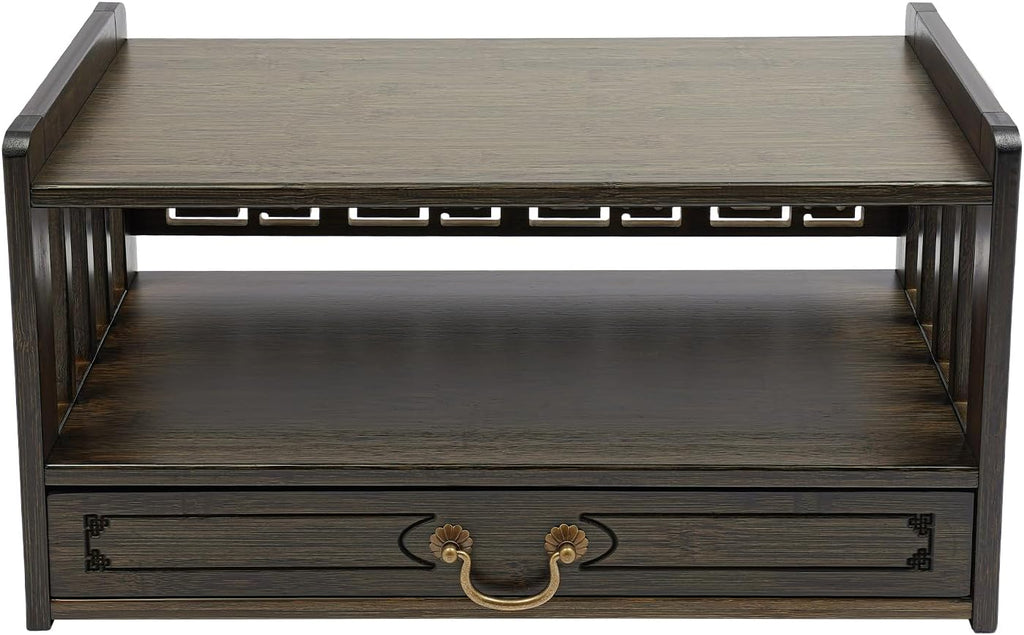 Altar Table with Drawer, Altar Shelf & Meditation Table for Spiritual, Bamboo Puja Table for Home, Buddha Statues, Books, Ritual Items (20.4" W x 9.8" D x 11" H, Walnut Color)
