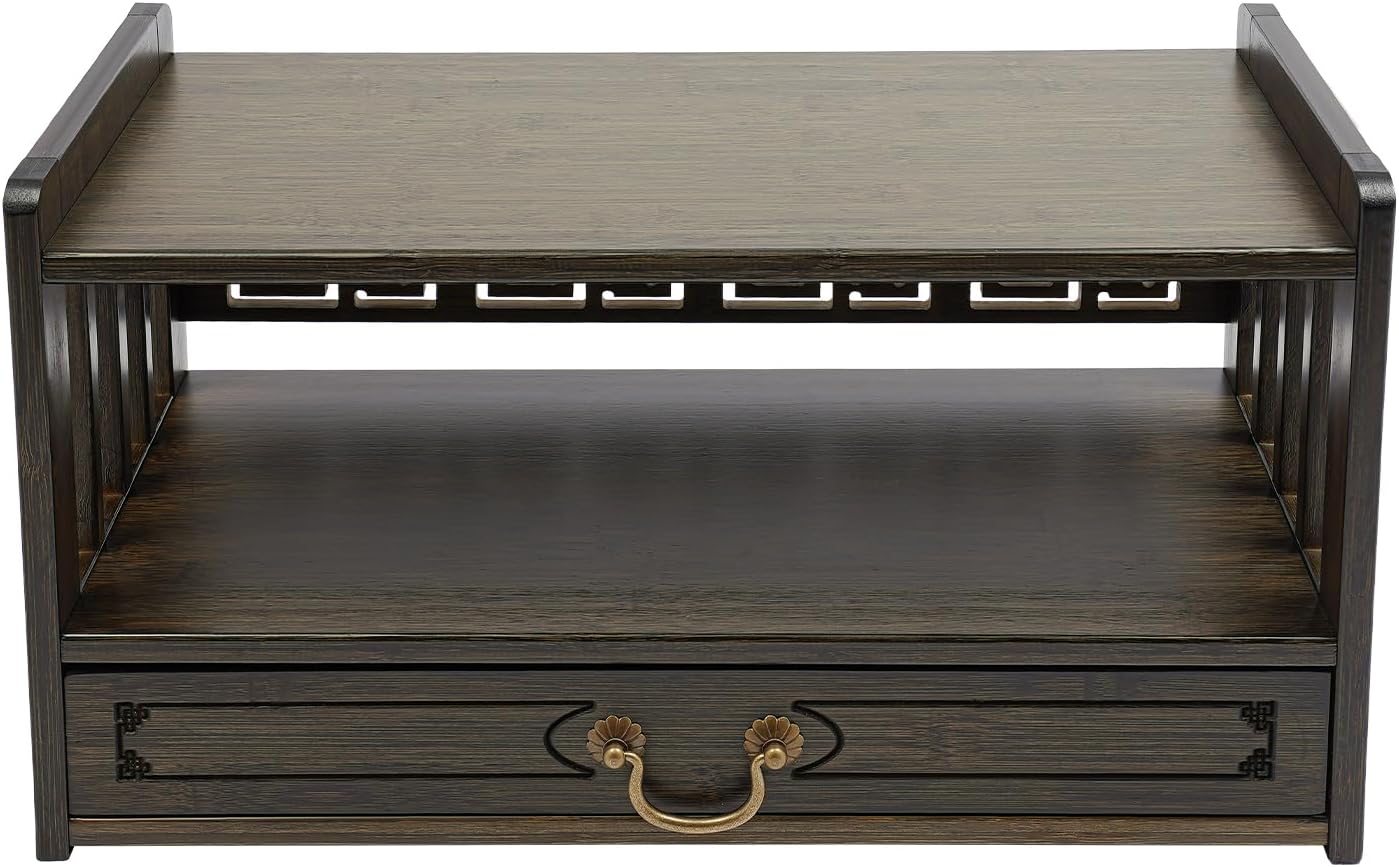 Altar Table with Drawer, Altar Shelf & Meditation Table for Spiritual, Bamboo Puja Table for Home, Buddha Statues, Books, Ritual Items (20.4" W x 9.8" D x 11" H, Walnut Color)