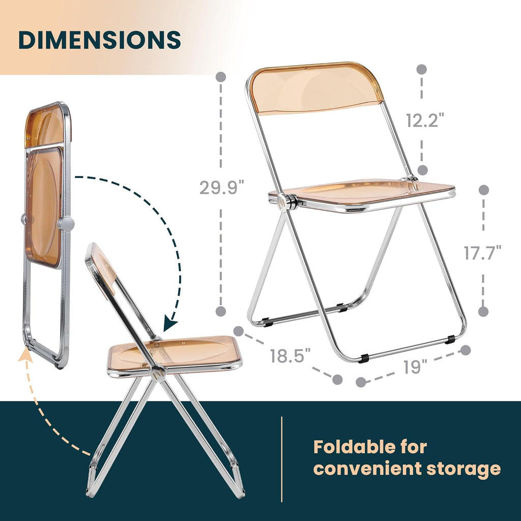 LeisureMod Lawrence Modern Clear Acrylic Folding Chair with Metal Frame, Space-Saving Transparent Seating for Dining Room, Home Office, Bedroom, Vanity or Small Spaces, (Amber, Set of 4)
