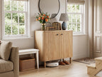 Fluted Sideboard Buffet Cabinet with Storage, 31'' Natural Oak Wood Buffet with Adjustable Shelves, Solid Wood Legs & 210° Wide-Open Door, Rounded Credenza for Kitchen & Entryway
