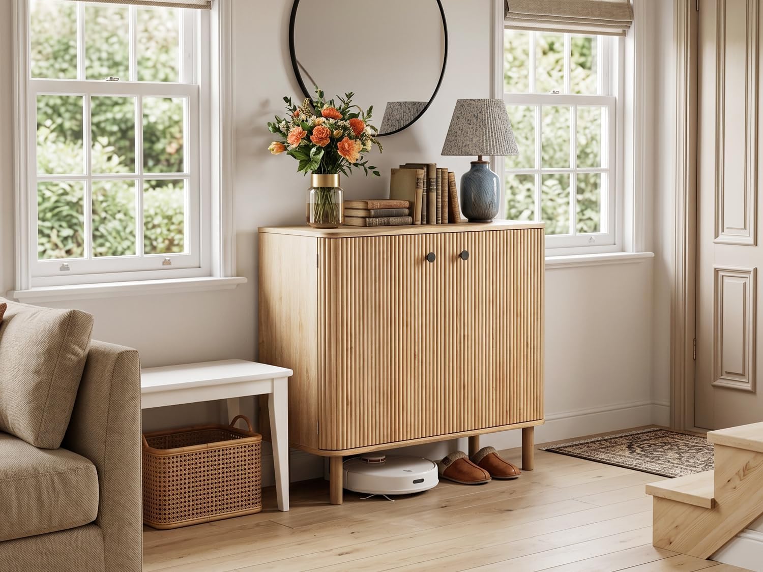 Fluted Sideboard Buffet Cabinet with Storage, 31'' Natural Oak Wood Buffet with Adjustable Shelves, Solid Wood Legs & 210° Wide-Open Door, Rounded Credenza for Kitchen & Entryway