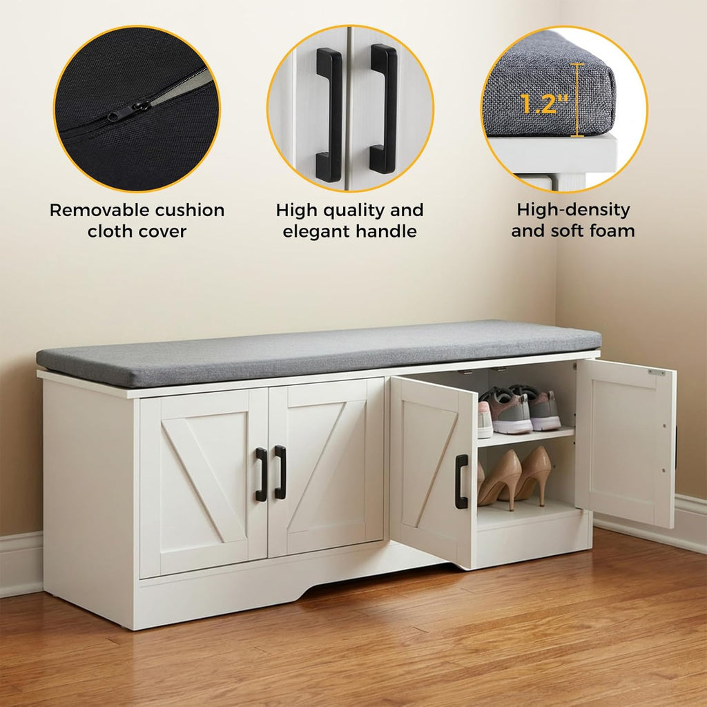 Shoe Bench, 47" Wide Bench with Storage with Padded Seat Cushion, Spacious Shoe Storage Bench with 4 Doors & Adjustable Shelf for Entryway, Bedroom, Living Room, White