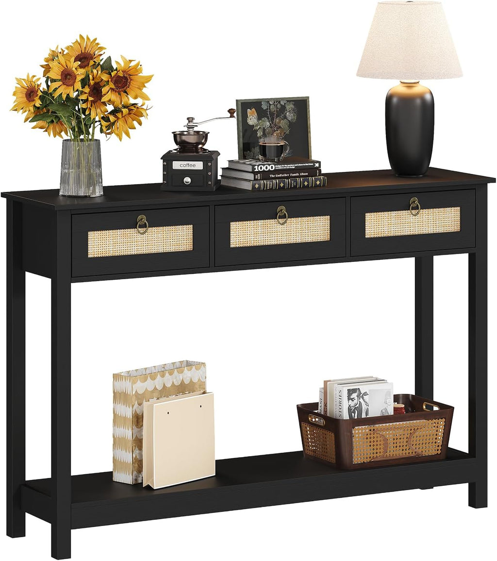 LAZZO Rattan Console Table Boho Entryway Table Narrow Long Sofa Table Hallway Foyer Table Behind Couch Table with 3 Drawers and Open Storage Shelf for Living Room and Corridor Black