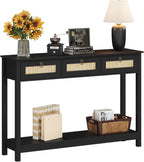 LAZZO Rattan Console Table Boho Entryway Table Narrow Long Sofa Table Hallway Foyer Table Behind Couch Table with 3 Drawers and Open Storage Shelf for Living Room and Corridor Black