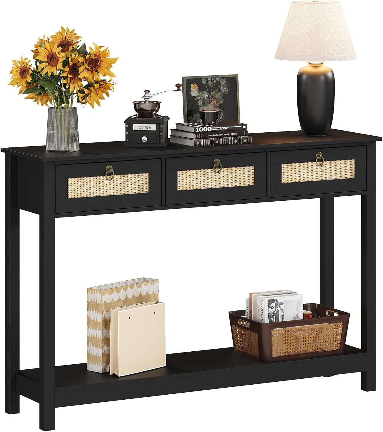 LAZZO Rattan Console Table Boho Entryway Table Narrow Long Sofa Table Hallway Foyer Table Behind Couch Table with 3 Drawers and Open Storage Shelf for Living Room and Corridor Black