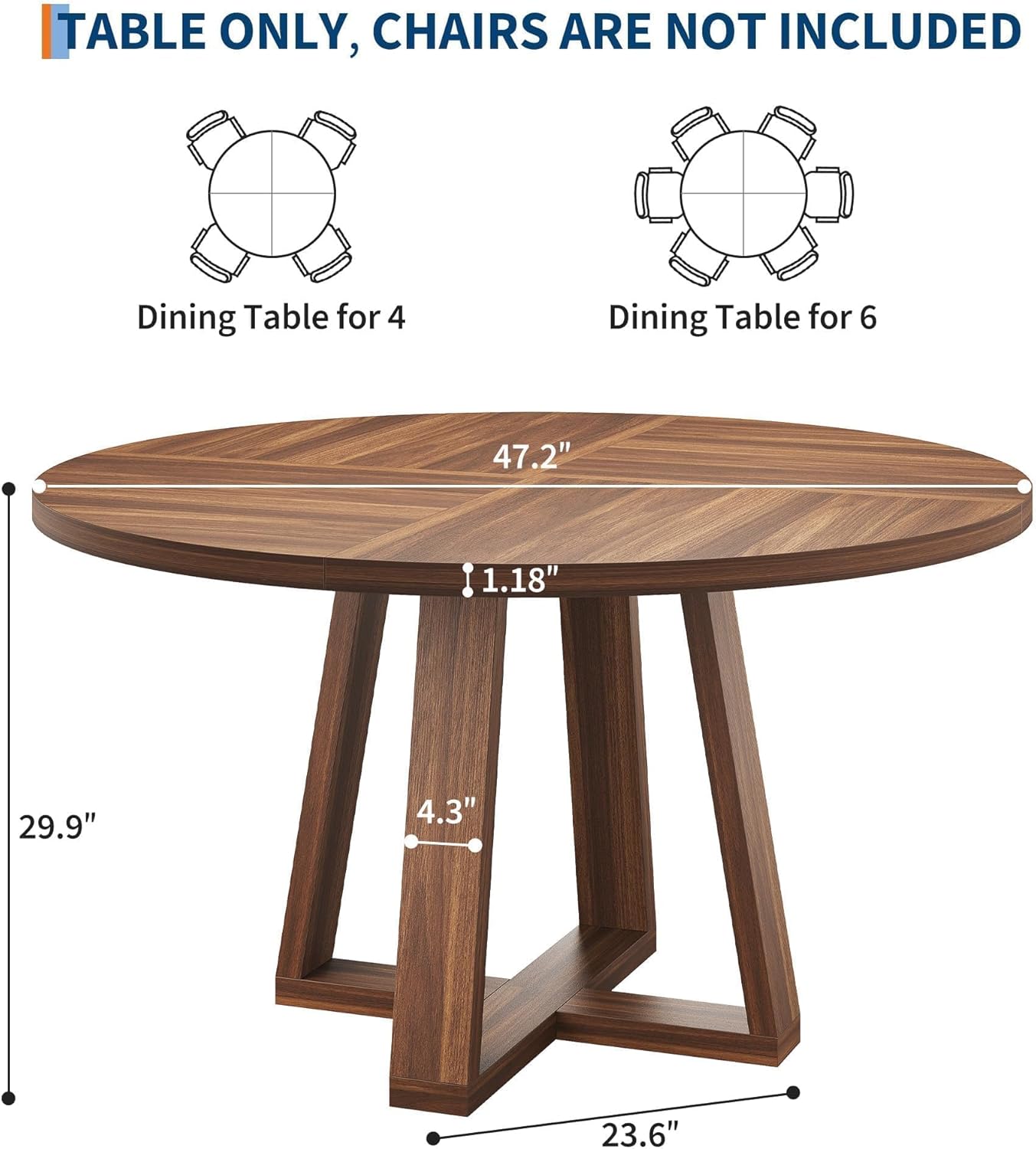 GarveeHome Dining Table, Kitchen Table, Round Dining Room Table for Kitchen, 47 Inch Round Table for Dining Room, Brown(Table Only)