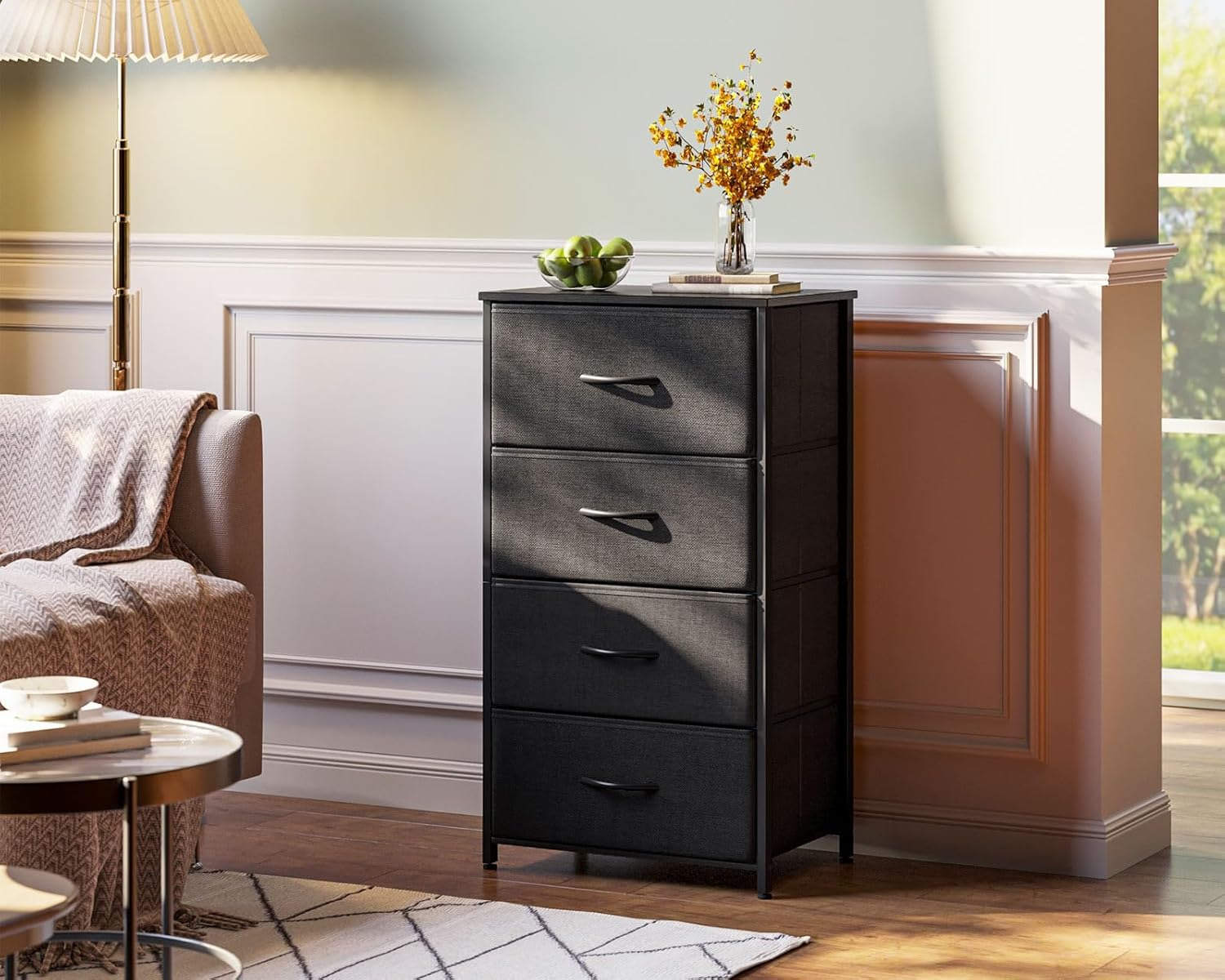 AODK Small Dresser for Bedroom with 4 Storage Drawers, Black | Dressers Chest of Drawers Fabric Dresser with Sturdy Steel Frame, Dressers for Closet with Wood Top