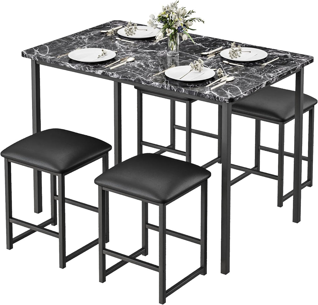 VECELO Kitchen Table and Chairs for 4, Dining Room Set with PU Chairs/Stools, Heavy-Duty Metal Frame, Faux Marble Tabletop, Space-Saving Design for Small Spaces, Easy Assembly, Veined Black