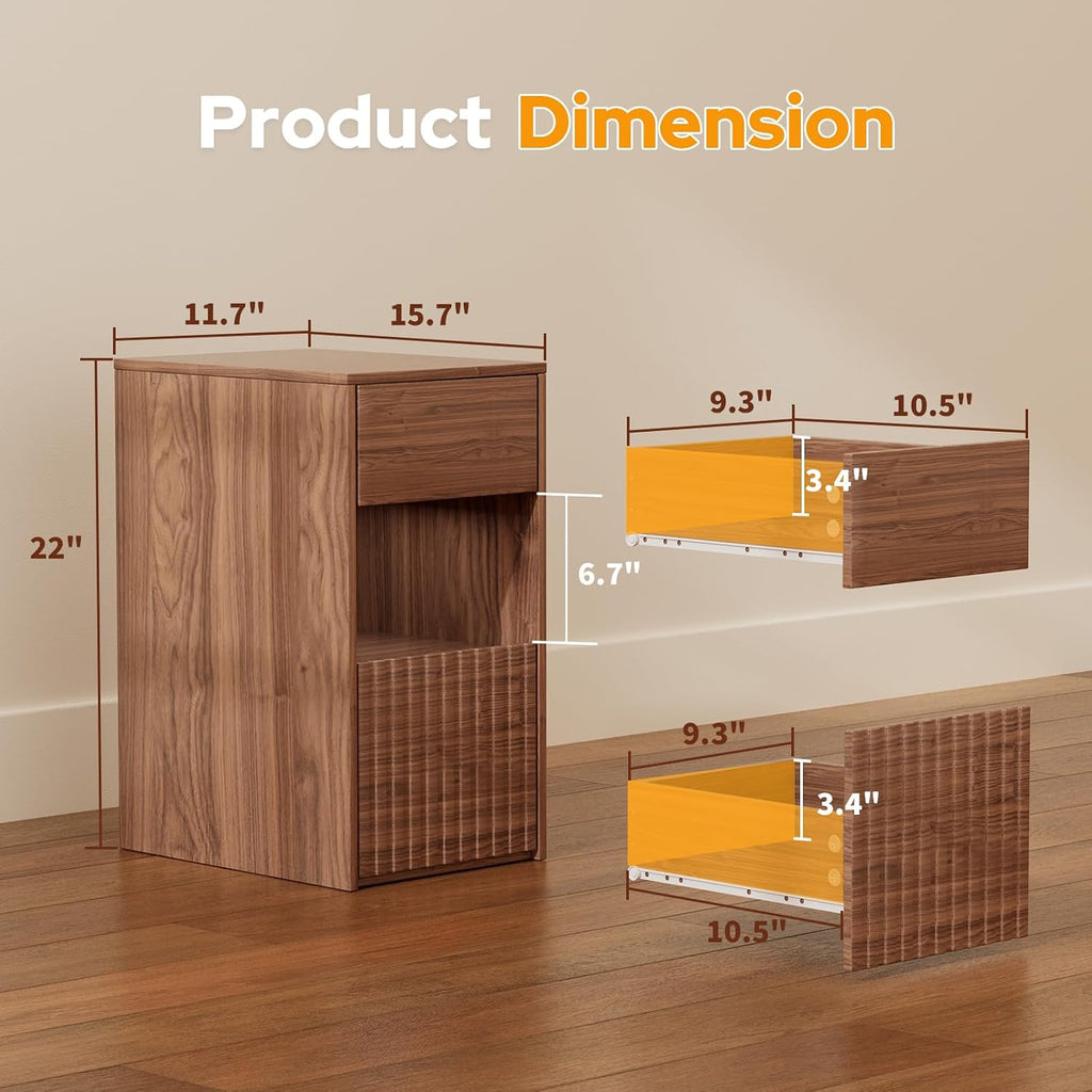 Eongdon Fluted Nightstand Set of 2, Mid Century Modern End Table with 2 Drawers and Open Storage, 11.7" W Narrow Bedside Table Organizer, Wood-Like Walnut Finish Compact Night Stand for Bedroom, Sofa