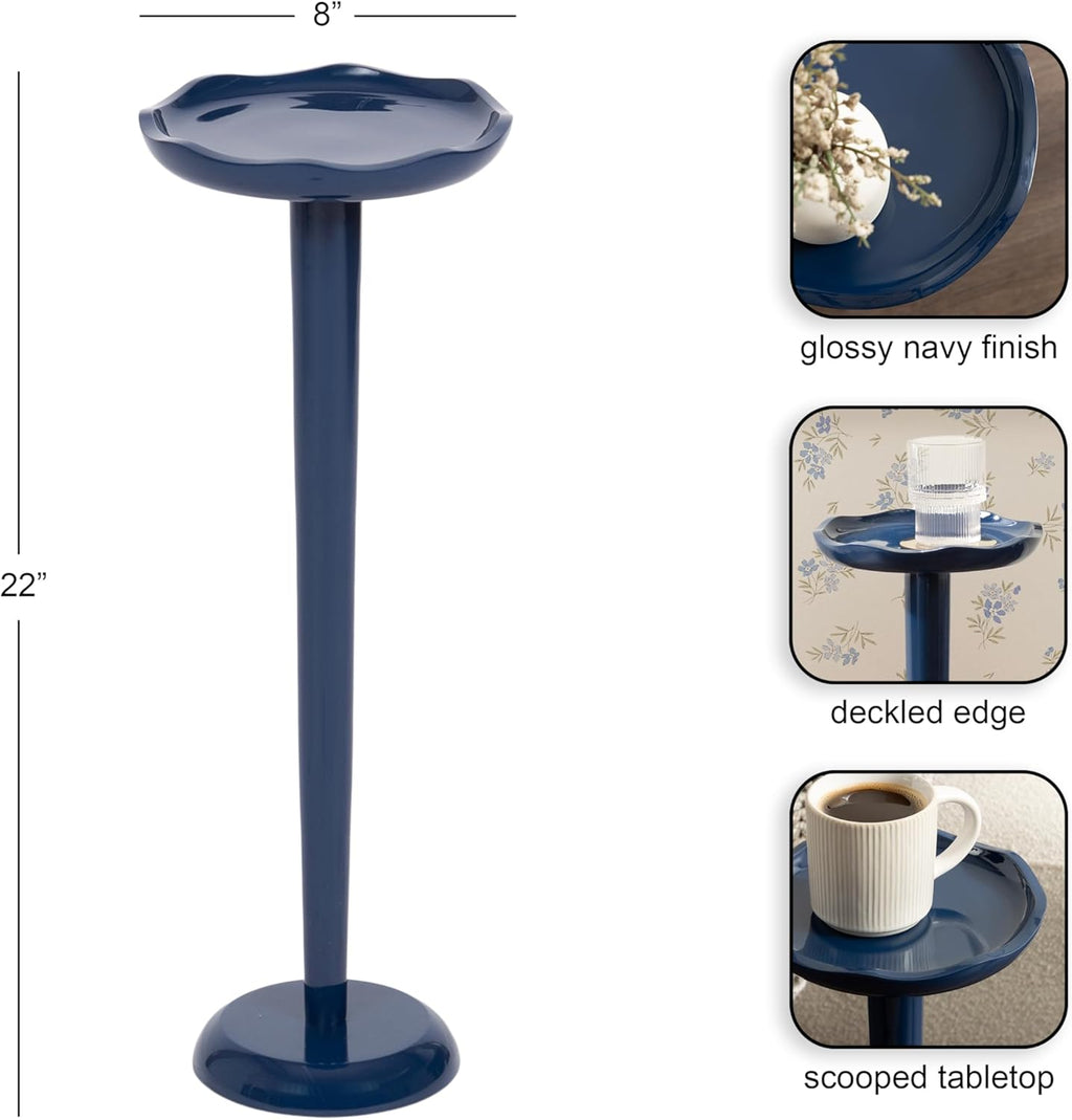 Kate and Laurel Alessia Modern Decorative Round Drink Table, 8 x 8 x 22, Navy Blue, Transitional Glossy Pedestal Plant Stand with Smooth Curvature and Wavy Scalloped Tabletop
